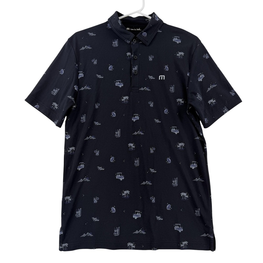 Travis Mathew Polo Shirt Mens Small Navy Blue Tropical Golf Cart Print Top Caddy